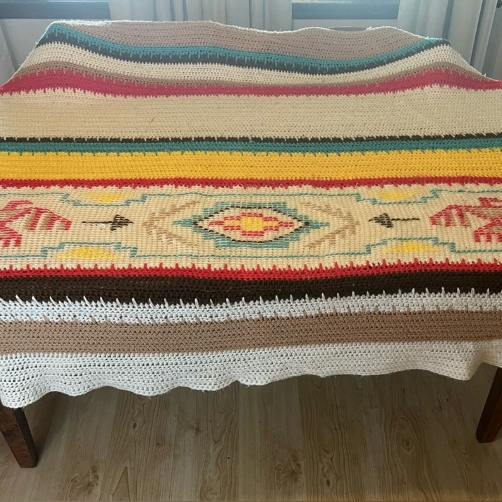 Handcrafted Crochet Throw Blanket in Cream, Yellow, Turquoise, Red & Brown